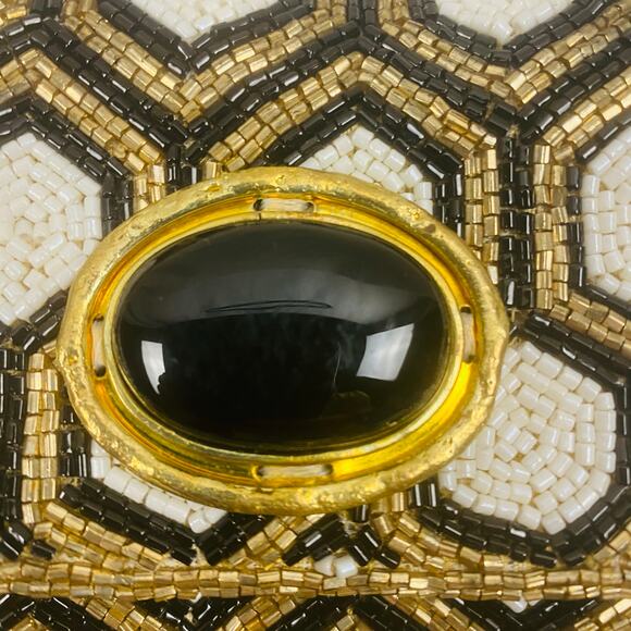 From St. Xavier Black White Gold Beaded Clutch Removable Chain Deco MCM NWOT - Picture 2 of 9